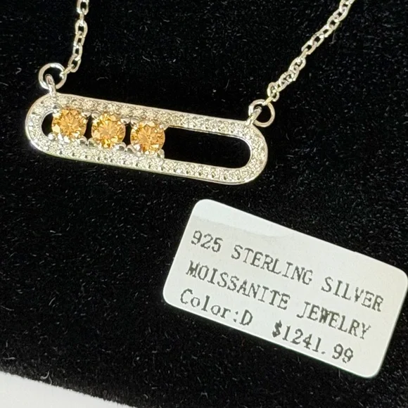 Sterling Silver Moissanite Necklace w/Round Brilliant Golden Yellow Stones ~ NWT - Picture 4 of 13